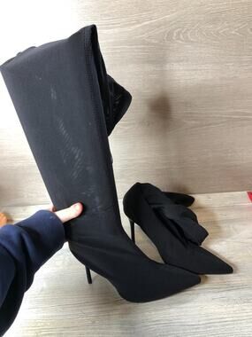 ZARA Pointy Toe Over The Knee Sock Boots Black Heel Size 37 NEW